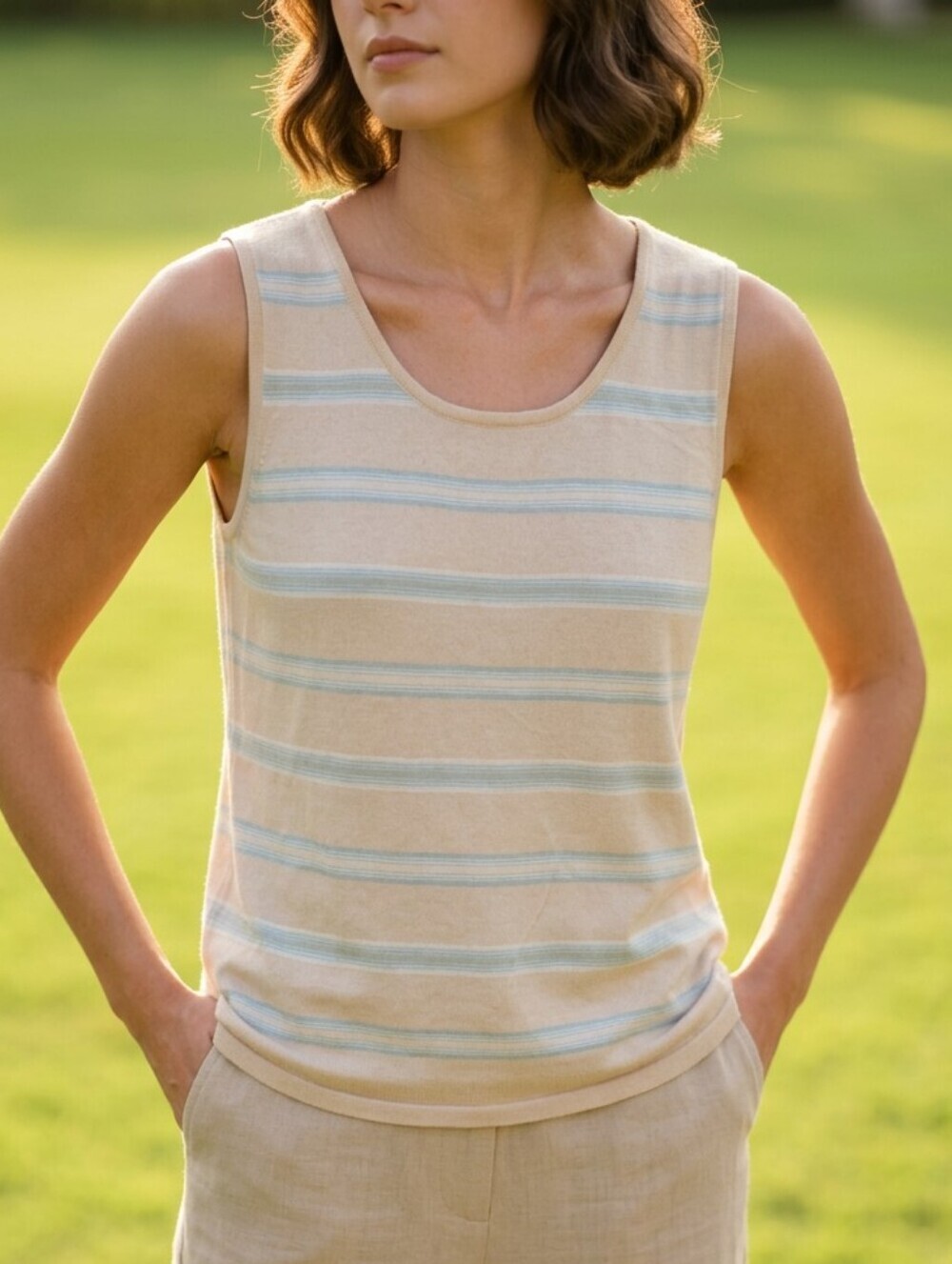 Sleeveless Beige Tank Top with Light Blue Stripes